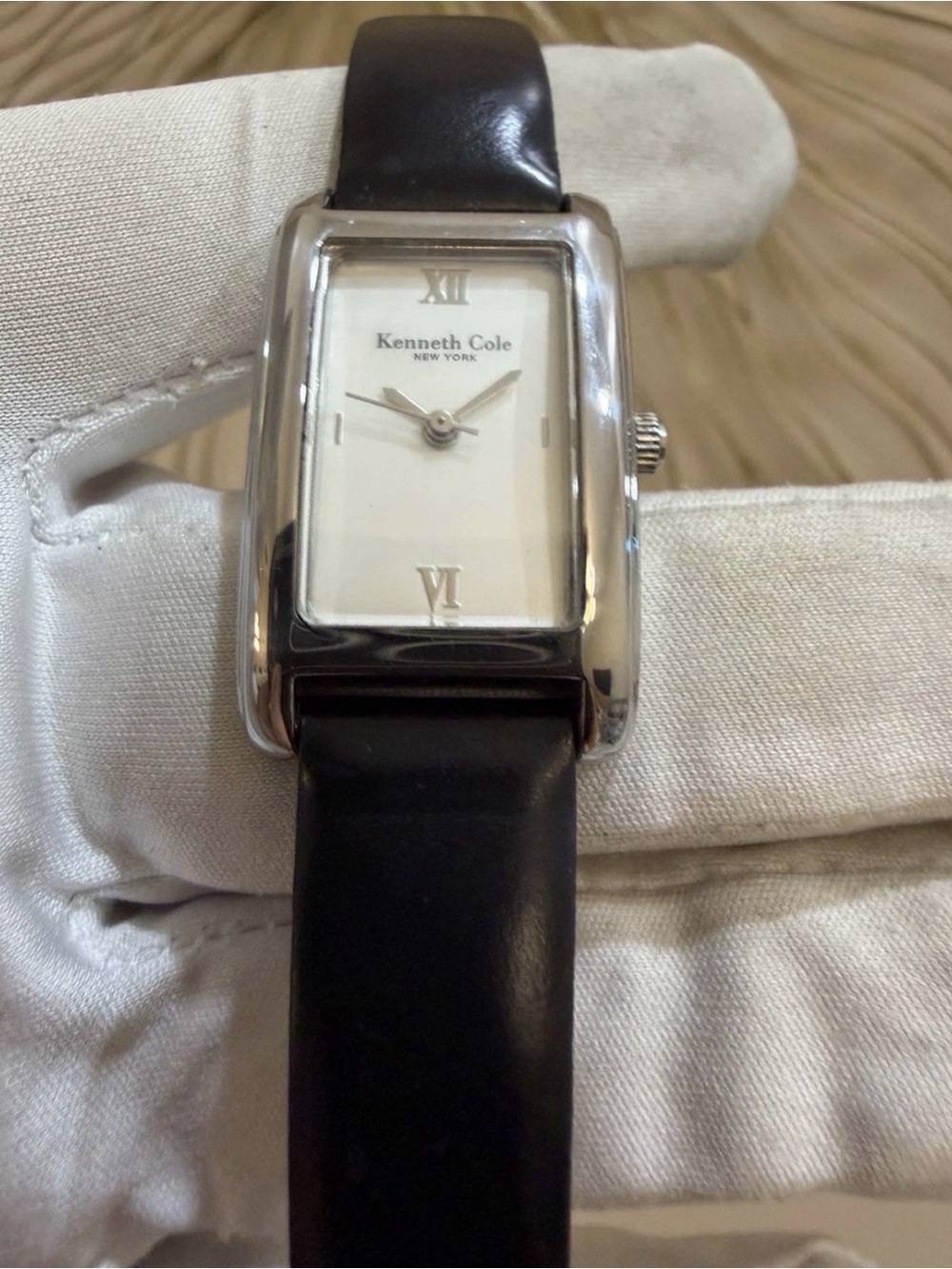 Vintage Kenneth Cole NY Rectangular Silver Tank Watch KC2088 Black Leather Band